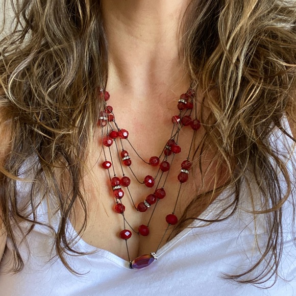 Multi Strand Red Beaded Cascading Levels Necklace. - Picture 3 of 5